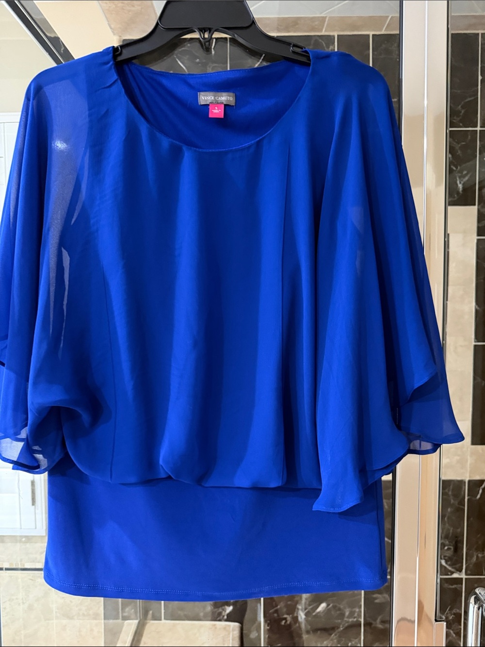 Vince Camuto Cobalt Blue Sheer Flutter-Sleeve Blouse